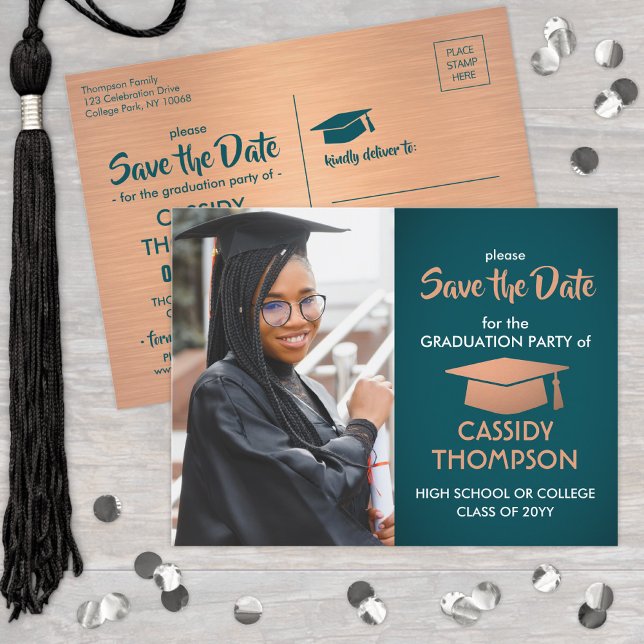 Photo Graduation Teal & Faux Copper Save the Date Postcard (Creator Uploaded)