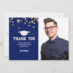 Photo Graduation Thank You Blue Gold Confetti Card