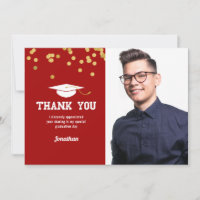Photo Graduation Thank You Red Gold Confetti