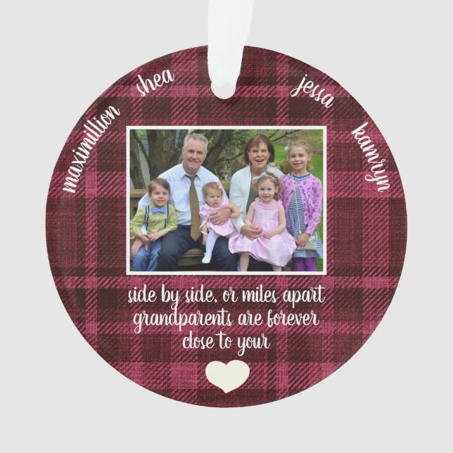 Photo Grandparents Close to Your Heart Plaid Xmas Ornament (Front)