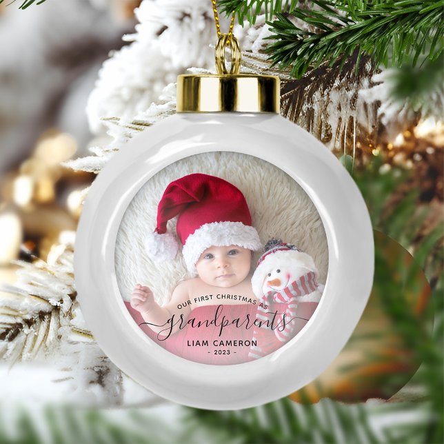 Photo Grandparents First Christmas Black Script Ceramic Ball Christmas Ornament (Creator Uploaded)