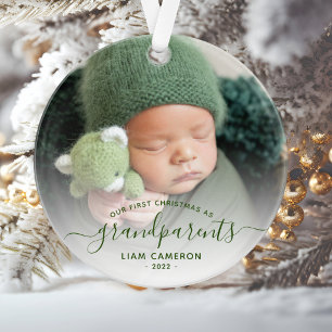 Photo Grandparents First Christmas Green Script Ornament