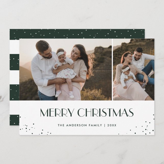 Photo Green and White Merry Christmas Holiday Card (Front/Back)