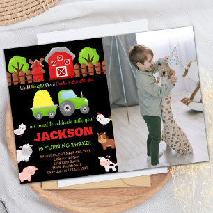 Photo Green Black Red Farm Animals Birthday Invitation