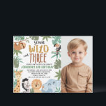 Photo Green Brown Young Wild Three 3rd Birthday Invitation<br><div class="desc">Photo Green Brown Young Wild Three 3rd Birthday Invitation Cute boy's safari animals third birthday invitation featuring six jungle animals and a large word in a cheetah pattern and some greenery. This cute boy's safari young, wild and three 3rd birthday invitation also features a photo on the right hand side...</div>