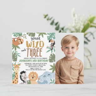 Photo Green Brown Young Wild Three 3rd Birthday Invitation