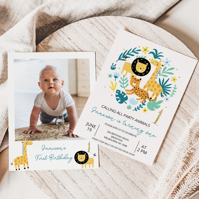 Photo Green Calling All Party Animals 1st Birthday Invitation (Party Animals Safari 1st Birthday Invitation Baby Boy,
Photo Safari Wild One Birthday Invitation )