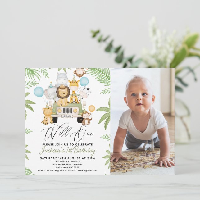 Photo Green Car Safari Wild One 1st Birthday Invitation (Standing Front)