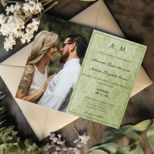 Photo Green Damask Monogram Wedding Invitation
