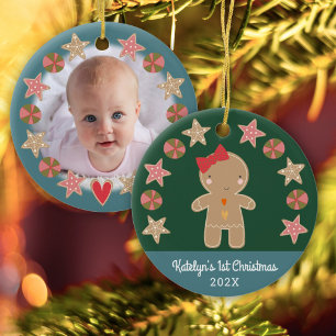 Photo Green First Christmas Gingerbread Baby Girl Ceramic Ornament