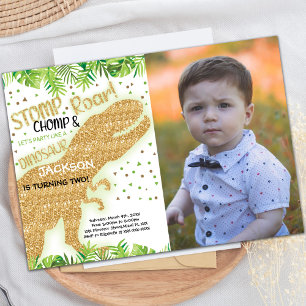 Photo Green Glitter Dinosaur Birthday Invitations