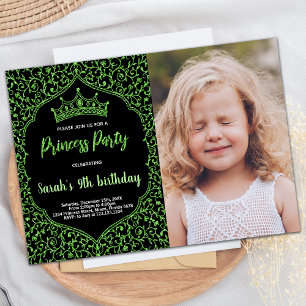 Photo Green Glitter Princess Birthday Invitations