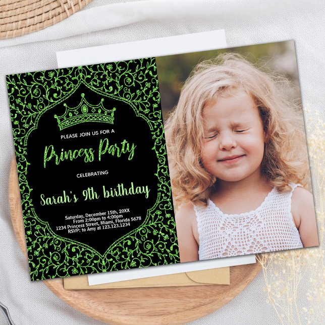 Photo Green Glitter Princess Birthday Invitations (Photo Green Glitter Princess Birthday Invitations)