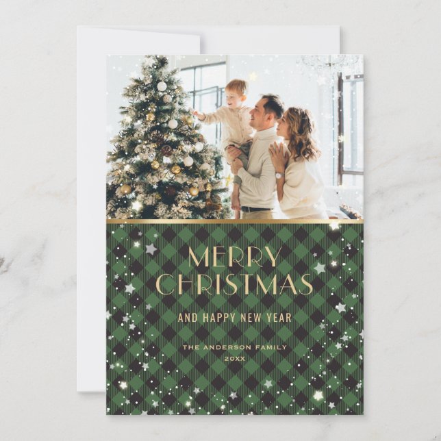 Photo Green Gold Buffalo Plaid Snowy Holiday Card (Front)