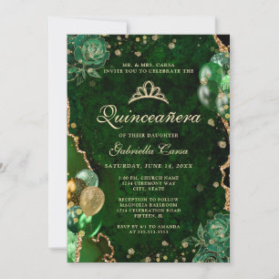 Photo Green Gold Floral Agate Quinceanera  Invitation