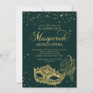 Photo Green Gold Glitter Masquerade Quinceañera Invitation