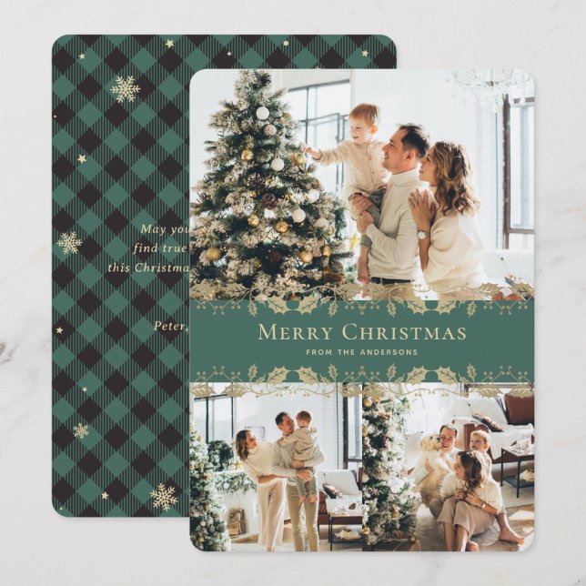 Photo Green Gold Holly Plaid Merry Christmas Card (Front/Back)
