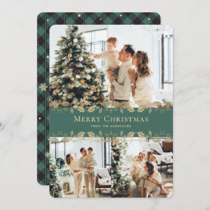 Photo Green Gold Holly Plaid Merry Christmas Card