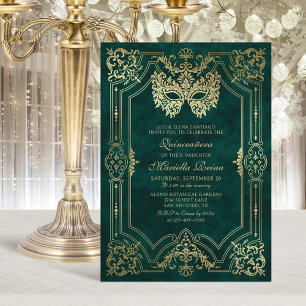 Photo Green Gold Masquerade Quinceanera Invitation