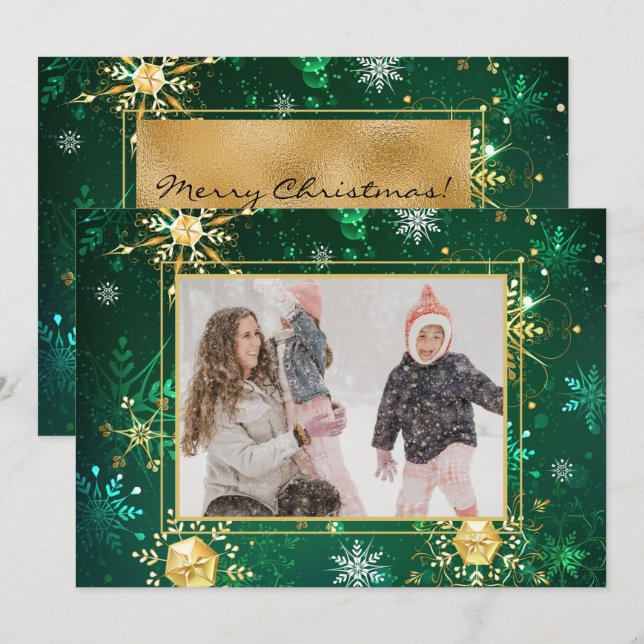 Photo Green Gold Snowflake Christmas Xmas Holiday Card (Front/Back)