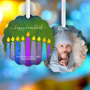 Photo Green Hanukkah Menorah Candles Modern Boho Tree Decoration Card