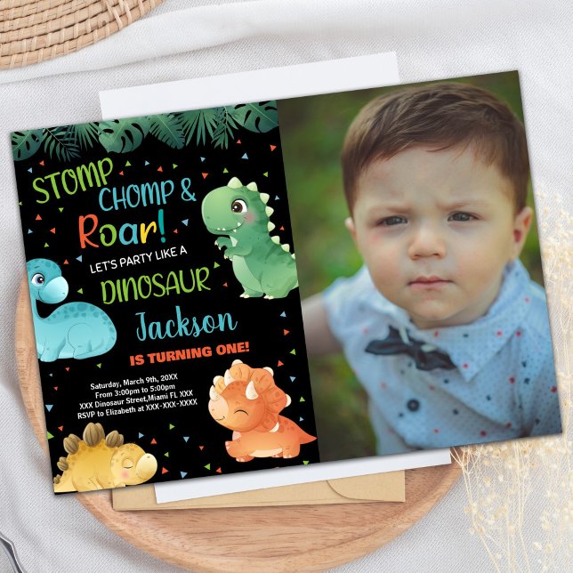 Photo Green Orange Black Dinosaur Birthday Invitation (Photo Green Orange Black Dinosaur Birthday Invitation)