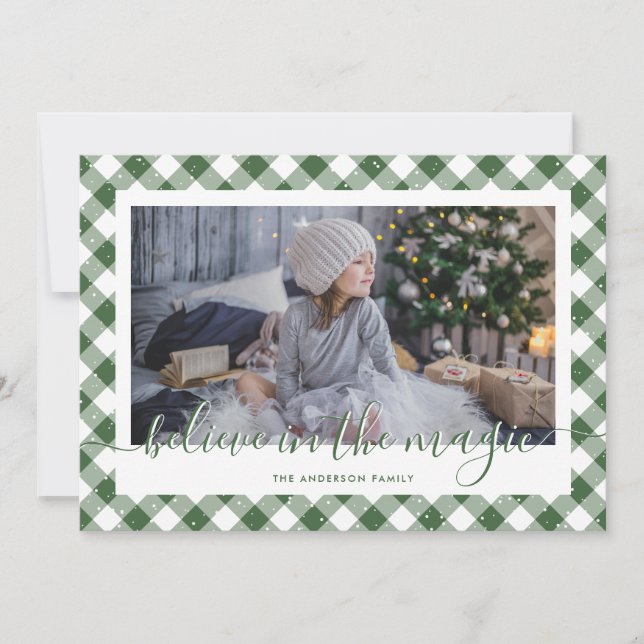 Photo Green Plaid Snow Calligraphy Believe Holiday Card (Front)