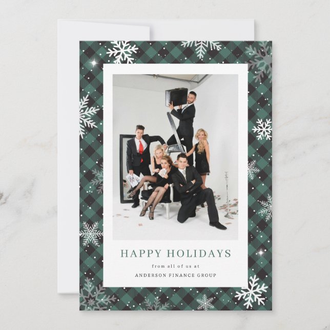 Photo Green Plaid Snowflake Corporate Business Holiday Card (Front)
