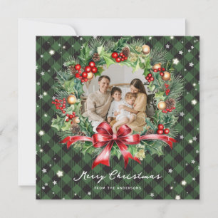 Photo Green Plaid Wreath Stars Merry Christmas Holiday Card