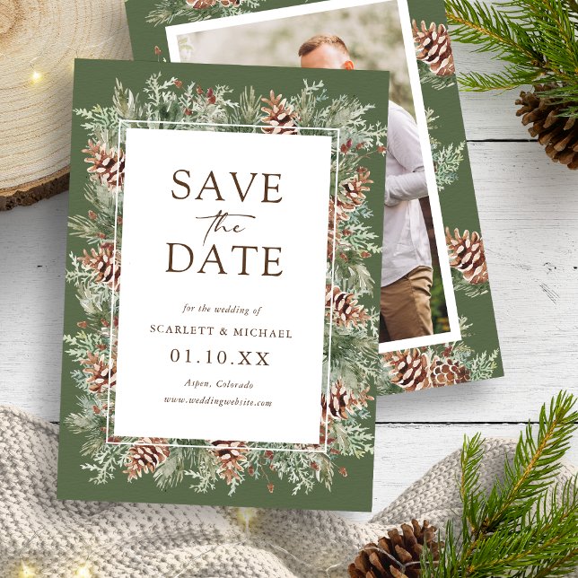 Photo Green Save The Date Card (Photo Hunter Green Watercolor Pine 
Evergreen Save The Date Card by Painted Paperie
)