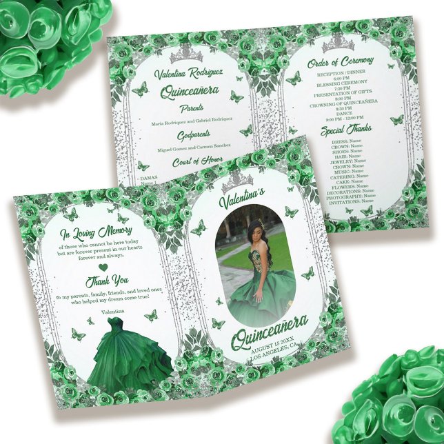 Photo Green Silver Glitter Floral Quinceanera Program (Photo Green Silver Glitter Floral Quinceanera Program)