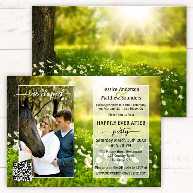 Photo Green Spring Script Country Post Wedding Inv Invitation (Happily ever after wedding invitation with your photo framed on a spring meadow with flowers - QR)