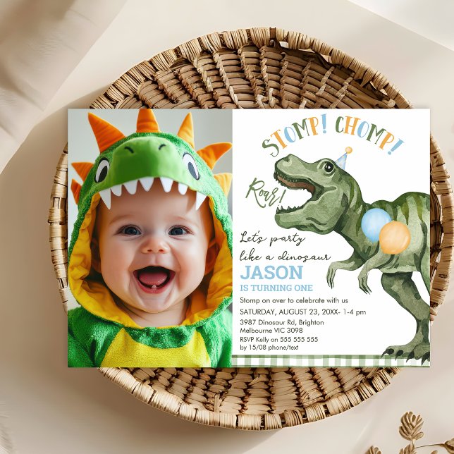 Photo Green Stomp Chomp Roar Dinosaur 1st Birthday Invitation (Stomp Chomp Roar Dinosaur 1st Birthday Invitation Template, Photo Dino Birthday Invitation Party)