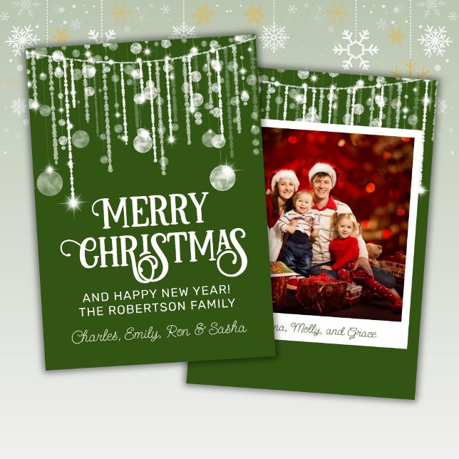 Photo Green White String Lights Christmas Card (Creator Uploaded)