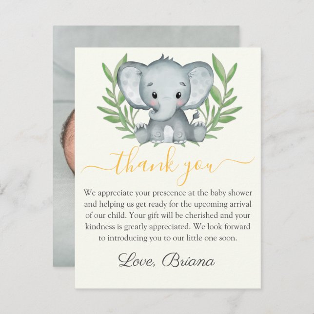 Photo Greenery Elephant Neutral Baby Shower Invitation (Front/Back)