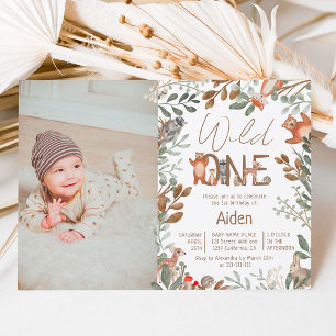 Photo greenery forest animal woodland 1st birthday invitation