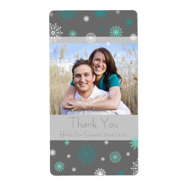 Photo Grey Aqua Snowflakes Winter Wedding Labels (Front)
