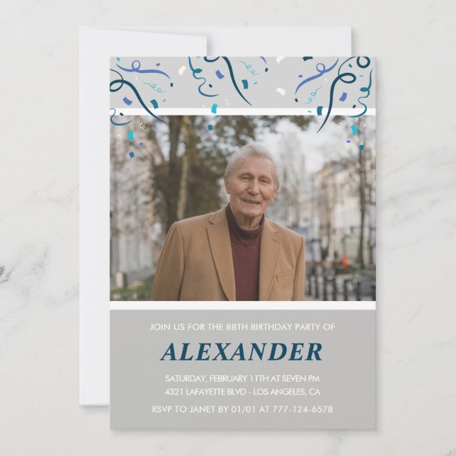 Photo Grey for him Confetti 88th birthday Invitation (Front)