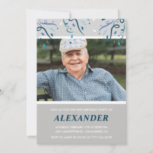 Photo Grey for him Confetti 98th birthday Invitation
