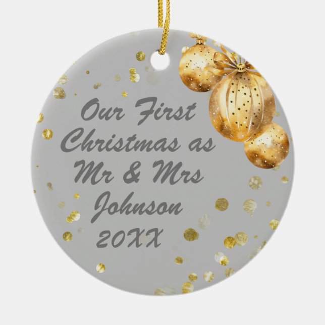 Photo Grey Gold First Christmas Mr Mrs Ceramic Ornament (Front)