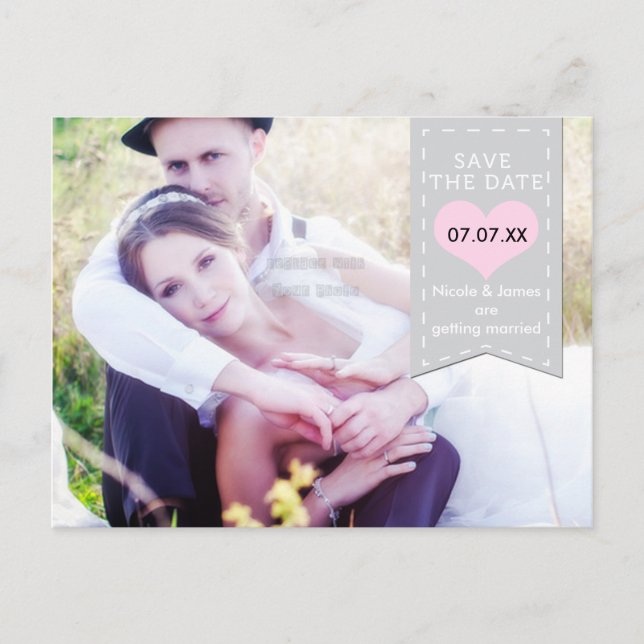 PHOTO Grey & Pink Banner SAVE THE DATE Postcard (Front)