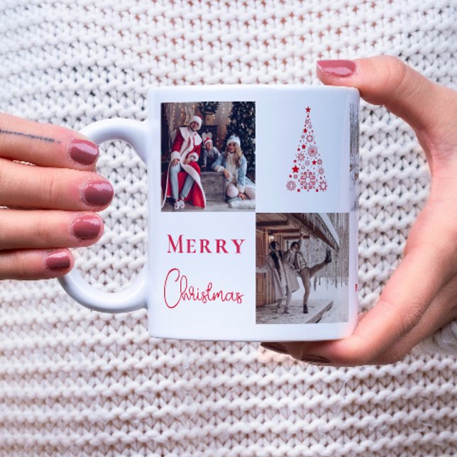 Photo grid collage Red Merry Christmas Five Photos Coffee Mug (Photo grid collage Red Merry Christmas Five Photos Coffee Mug)
