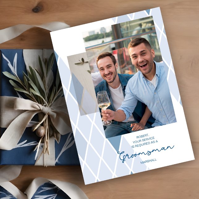 Photo Groomsman Stylish Abstract Sophisticated  (Photo Groomsman Stylish Abstract Sophisticated Proposal Card in Blue Shades.)