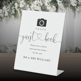 Photo Guest Book Black And White Heart Script  Pedestal Sign