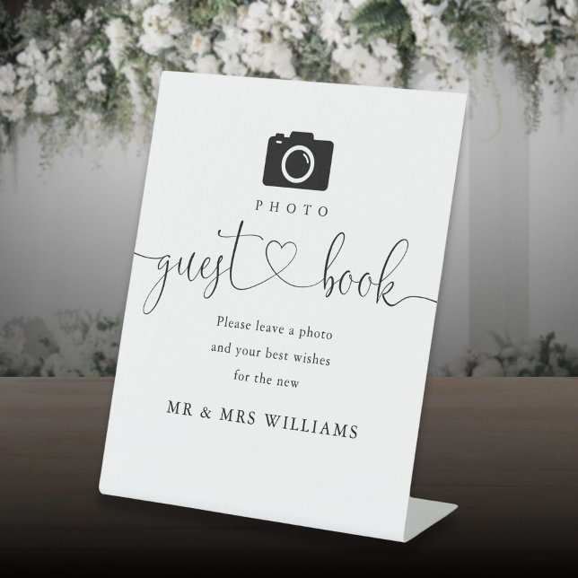 Photo Guest Book Black And White Heart Script  Pedestal Sign (Photo Guest Book Black And White Heart Script Pedestal Sign)