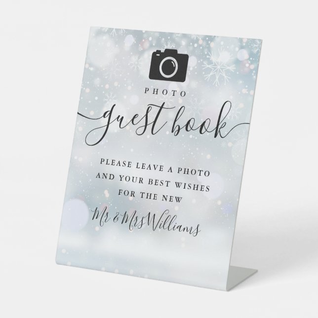Photo Guest Book Black Signature Script Winter Pedestal Sign (Front)