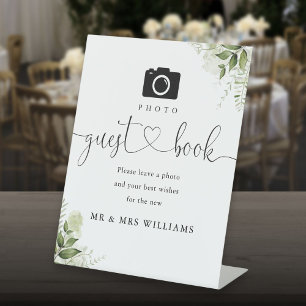Photo Guest Book Greenery Floral Heart Script  Pedestal Sign