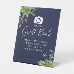 Photo Guest Book Greenery Navy Blue Wedding Pedestal Sign