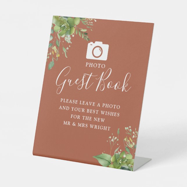 Photo Guest Book Greenery Terracotta Wedding Pedestal Sign (Front)