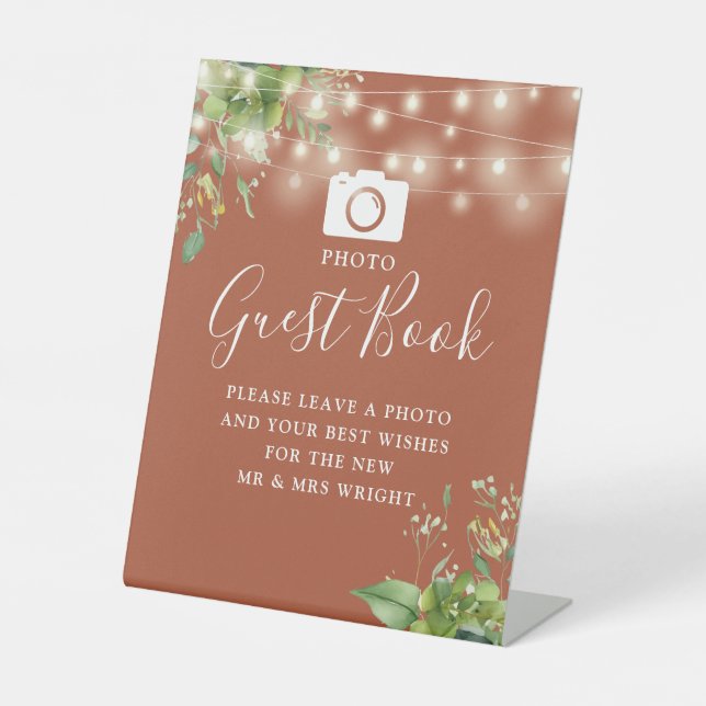Photo Guest Book Greenery Terracotta Wedding Pedestal Sign (Front)